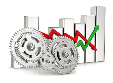 Illustration of gears and a rising growth chart