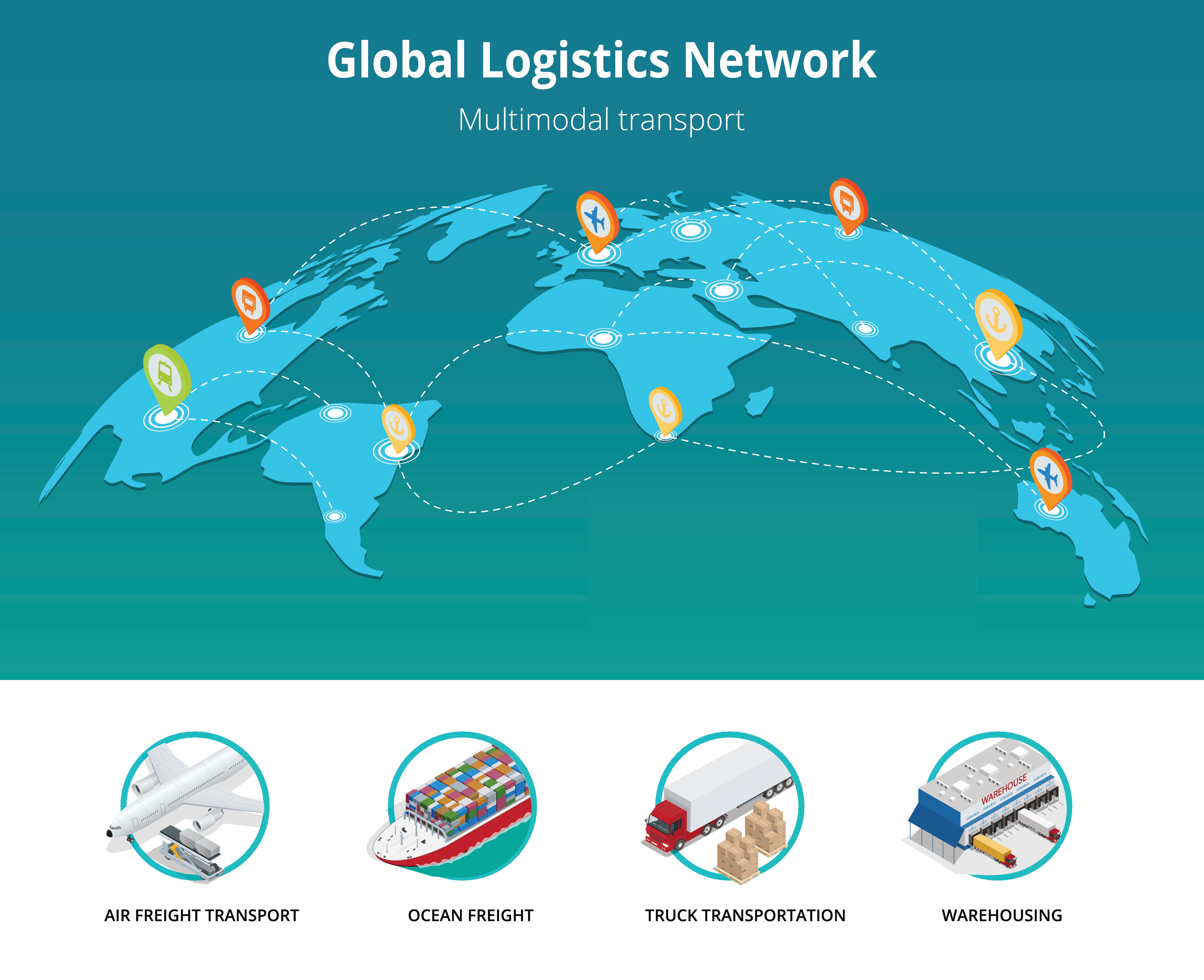 Global logistics network map — air, ocean, truck and warehousing