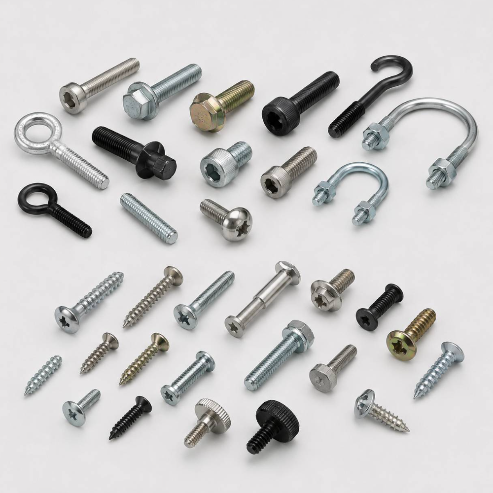 Screws and bolts in various head styles and finishes