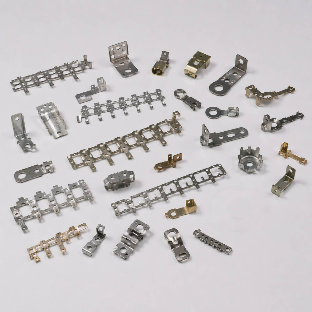 Progressive-die stamped strips and connector leadframes